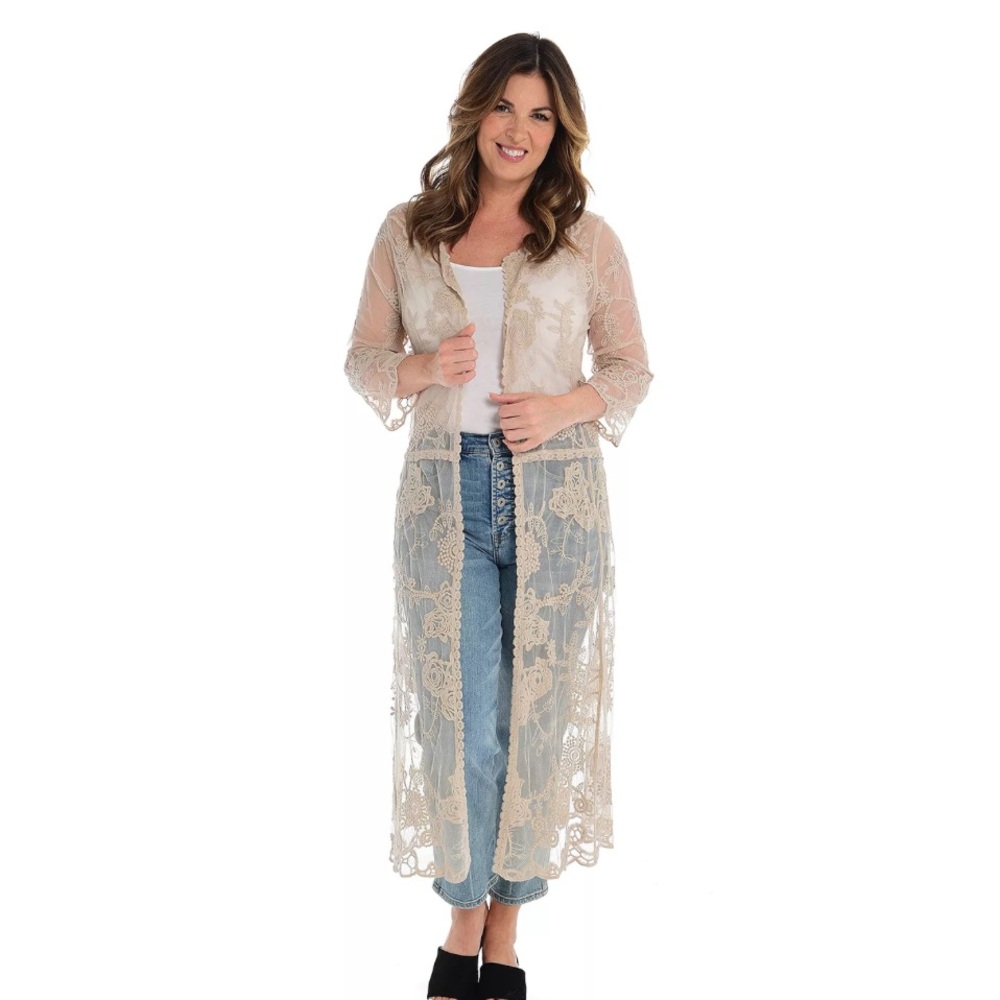 Women’s Taupe Indigo Thread Co. Crochet Open Front Duster Cardigan‎